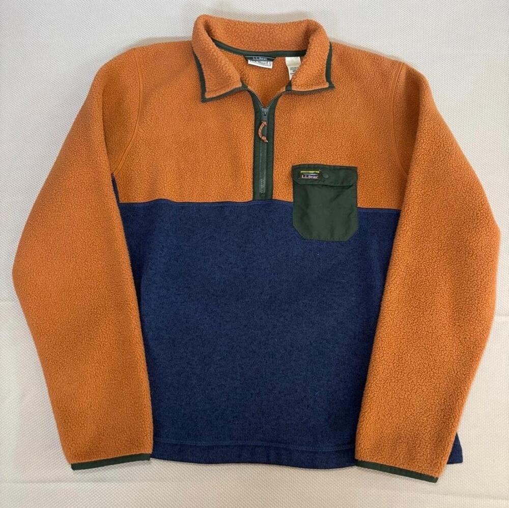 L.L. Bean Fleece Sherpa Men’s Pullover Orange and Navy Color Block Outdoor